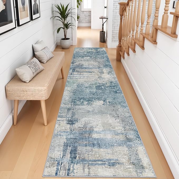 2.6x12 Extra Long Runner Rug: Blue Grey Abstract Washable Non Slip Rug | Hallway Carpet for Entryway - Soft Thin Low Pile Floor Mat for Long Hallways, Custom Length 2.6x12 Blue