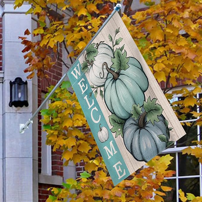 Welcome Fall Teal White Pumpkins Decorative House Flag, Autumn Farmhouse Seasonal Garden Yard Outside Decorations, Thanksgiving Rustic Burlap Outdoor Large Home Decor Double Sided 28 x 40