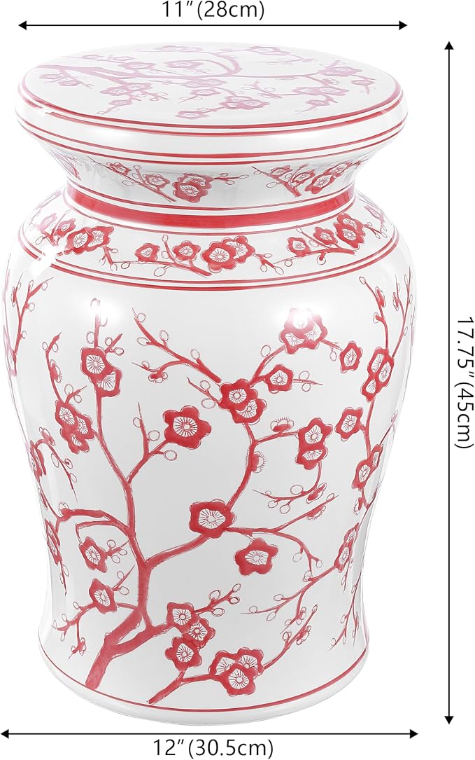 JONATHAN Y Cherry Blossom 18" Ceramic Chinoiserie Garden Stool, Traditional Floral Accent Side Table and Plant Stand for Indoor/Outdoor Garden, Patio, Living Room, Red/White TBL1016B
