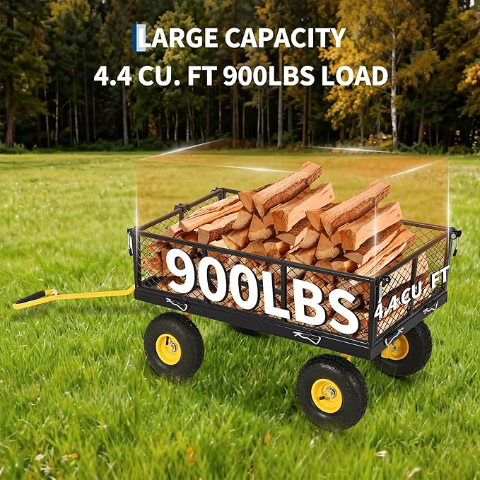 Garvee 900 LB Garden Cart, Heavy Duty Metal Utility Garden Wagon, Black | 13 in All Terrain Tires, 4-in-1 Yard Wagon Cart with Removable Side Panels for Outdoor Lawn, Yard, Backyard