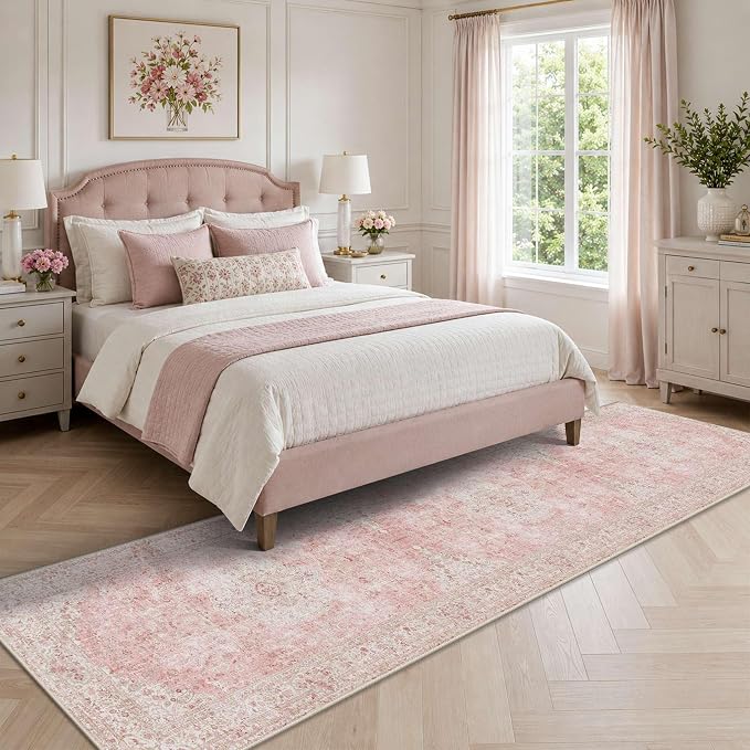 Latte&Fog Hallway Runner Rug 2x10 Non Slip Washable Pink Rugs for Kitchen | Low Pile Soft Cute Throw Rug Doormat for Entrance Bathroom Laundry Bedside Bedroom Nursery Playroom Hallyway Dorm Office