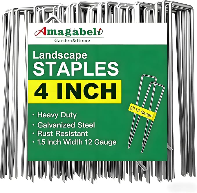 AMAGABELI GARDEN & HOME 4 Inch 50 Pack Galvanized Landscape Staples Garden Staples 12 Gauge Garden Stakes Plant Cover Stakes U-Shaped Landscape Stakes Landscape Pins for Weed Barrier Fabric