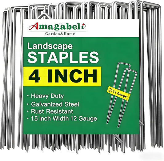 AMAGABELI GARDEN & HOME 4 Inch 50 Pack Galvanized Landscape Staples Garden Staples 12 Gauge Garden Stakes Plant Cover Stakes U-Shaped Landscape Stakes Landscape Pins for Weed Barrier Fabric