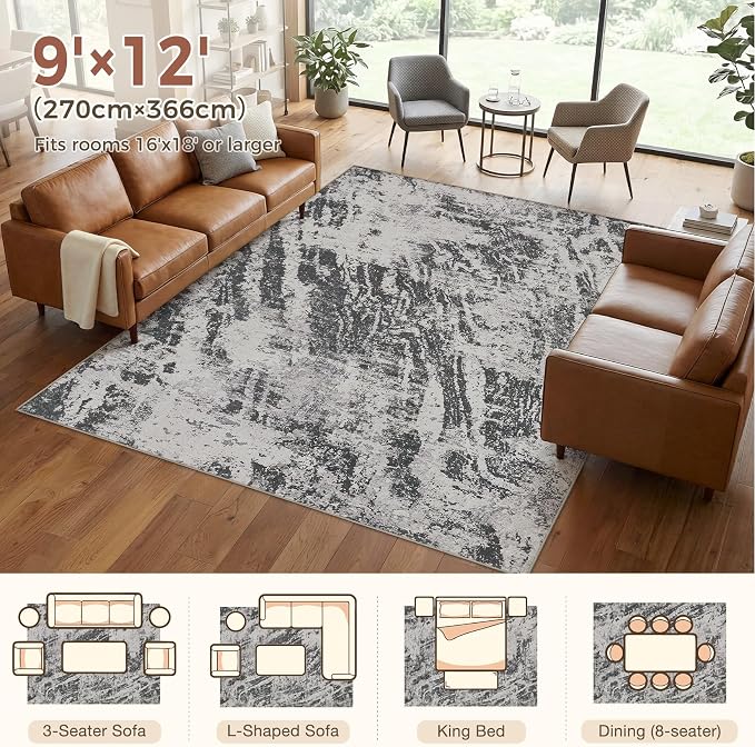 DMOYEST 9x12 Area Rug for Living Room Washable Abstract Indoor Carpet | Neutral Modern Low Pile Rugs Kid & Pet Friendly Large Soft Thin Carpet for Bedroom Dining Room and Office - Light Black