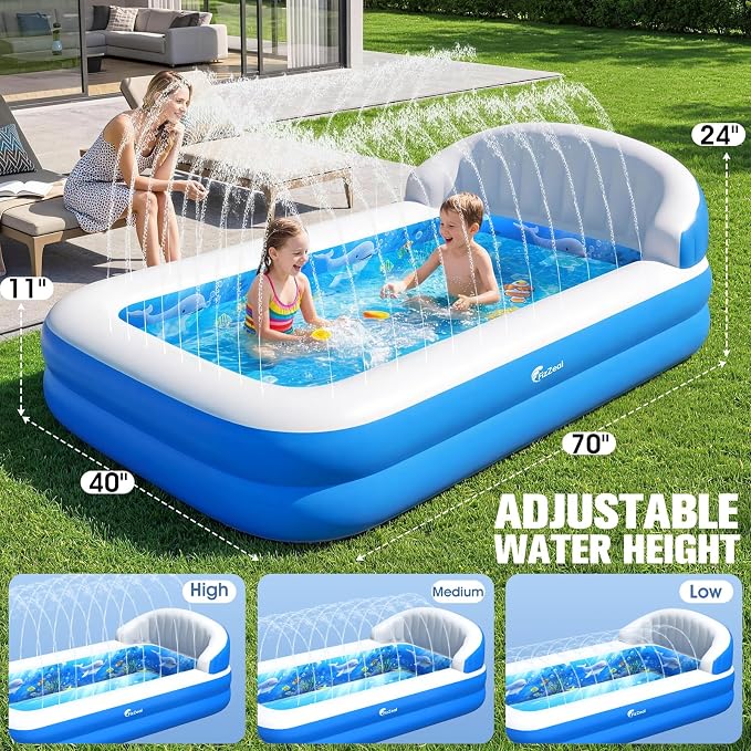 FizZeal Inflatable Kiddie Pool with Sprinkler & Backrest | Rectangular design,specially for toddlers,ideal outdoor backyard inflatable swimming pool for kids summer water entertainment