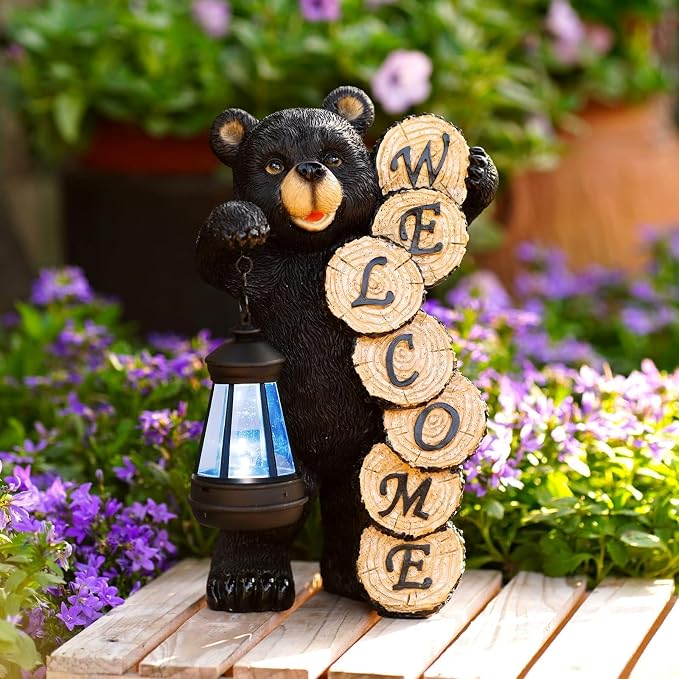 Qeeman Solar Bear for Garden Decor: Weatherproof Resin Statues | Warm Glow Lantern Outdoor Decoractions for Yard Pathway Patio Porch Balcony Front, Gifts for Mom Grandma Lovers