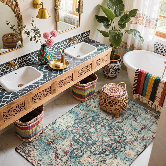 Lahome Reine Bohemian Floral Medallion Area Rug - 3x5 Vintage Teal Distressed Entry Throw Rug Turkish Faux Wool Accent Rug Non-Slip Washable Low-Pile Carpet for Bathroom Entrance Living Bedroom