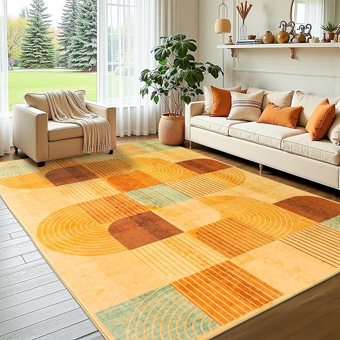 9'x12' Area Rug for Living Room, Washable Modern Abstract Soft Carpet | Non Slip, Indoor Floor Stain Resistant Large Carpet for Bedroom Dining Room Farmhouse Nursery Home Office, Burnt Orange