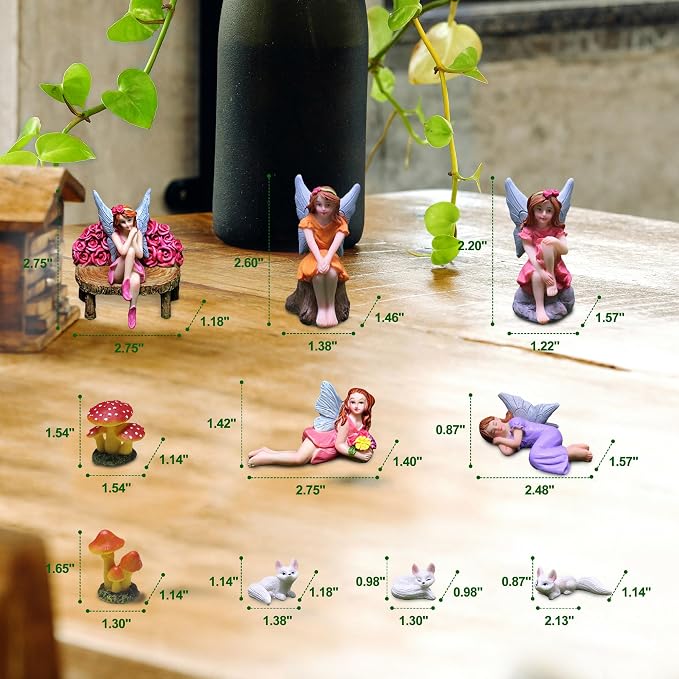 Miniature Fairy Garden Accessories Set - 5 Resin Fairies (Sleeping, Sitting on Stone/Stump/Bench) with 3 White Fox Statues & 2 Spotted Mushrooms - Whimsical Forest Decor for Terrarium, Patio & Gifts