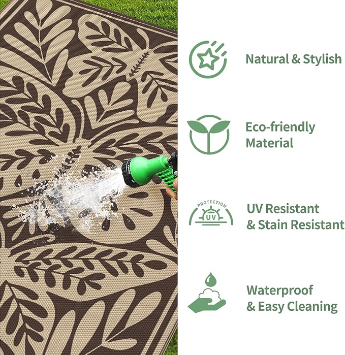GENIMO Outdoor Rug 6' x 9' Waterproof for Patio Clearance, Reversible Plastic Straw Camping Mat, Lightweight Carpet for Rv, Camper, Deck, Porch, Picnic, Balcony, Beach,Khaki Coffee & Beige