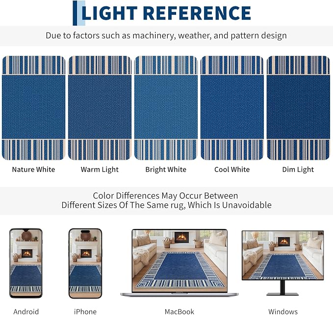 COZYLOOM Indoor Outdoor Rugs 8x10 Modern Easy Jute Washable Area Rug, Blue | Non Slip Neutral Bordered Non Shedding Stain Resistant Foldable Rug for Living Room Dining Room Bedroom Patio Backyard