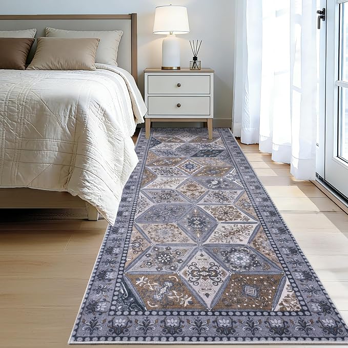 Moroccan Vintage Distressed Boho Floral Geometric 2.7x10 Runner Rug | Washable Non Slip Throw Floor Long Carpet Runner for Hallway Entryway Kitchen Bathroom Bedroom Livingroom Light Grey