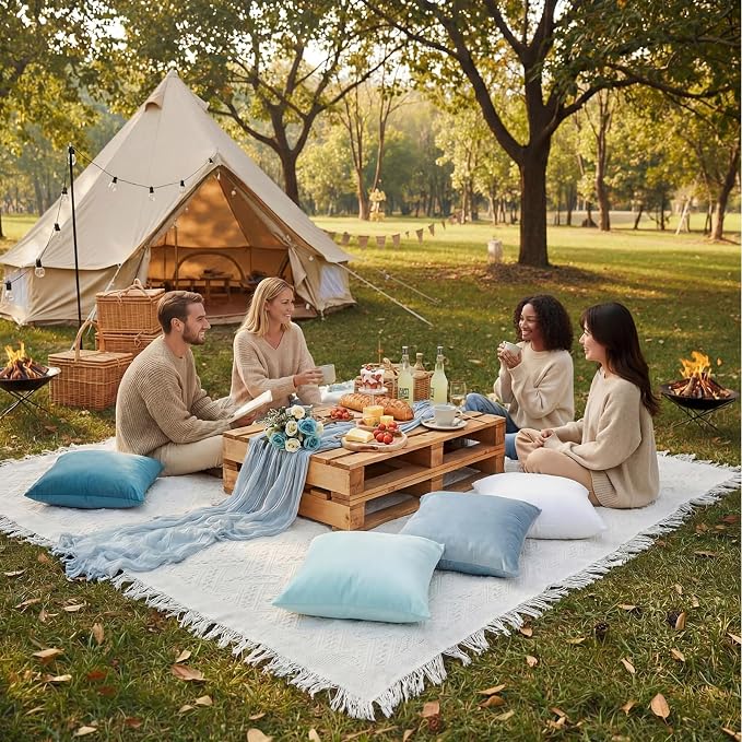 Moukeren 10 Pcs 71''x102'' Extra Large White Outdoor Boho Picnic Blanket with Table Runner and 8 Throw Pillow Covers Oversized Washable Portable Beach Blanket for Picnic Camp Lawn Wedding