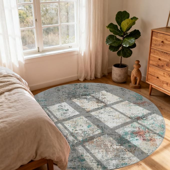 ROYHOME Modern Abstract 6x6 Round Area Rug Non Shedding, Colorful | Non Slip Rug Low Pile Stain Resistant for Bedroom Living Room office Dining Room