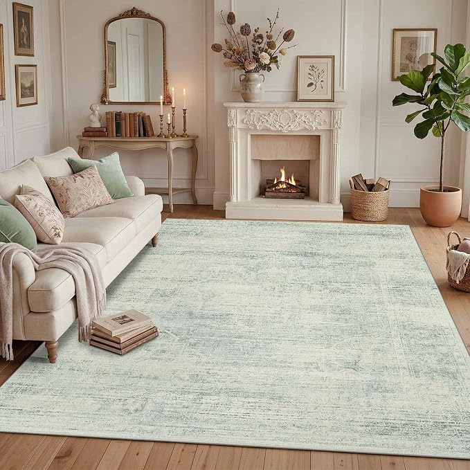 Latte&Fog 8x10 Area Rugs for Living Room Washeble Large Green Rugs Non Slip | for Bedroom Dining Kitchen Kids Playroom Nursery Classroom Dorm Farmhouse Office, Non Slip Low Pile Soft Floral Carpet Indoor