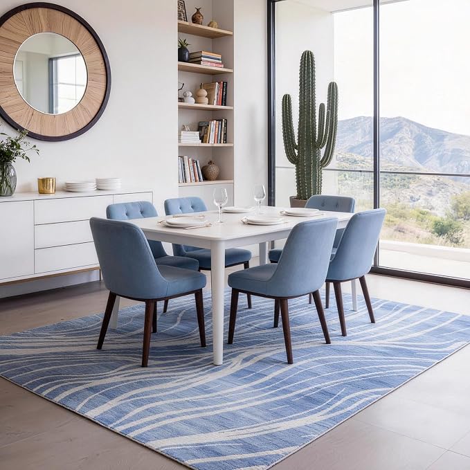 Decorative Washable Area Rug 8'x10', Soft Large Rug for Living Room and Bedroom, Blue Waves Pattern