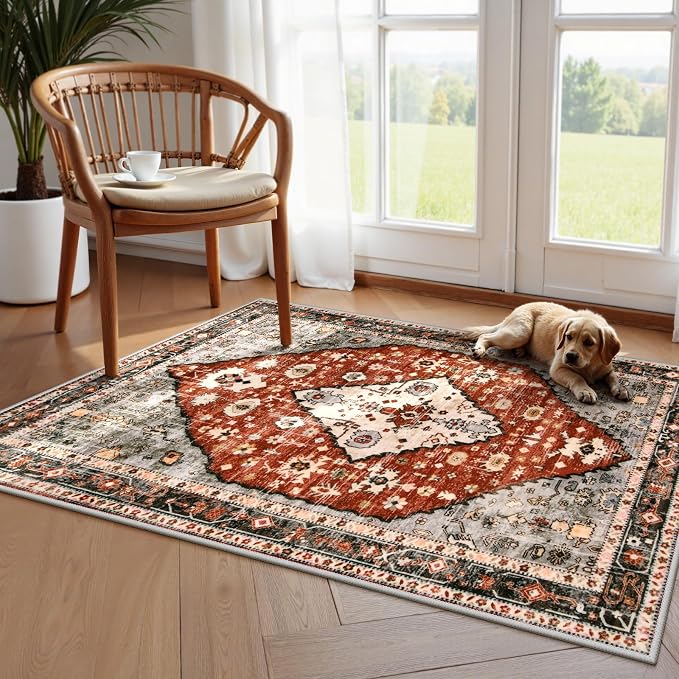 Lahome Felice Boho Tribal Area Rug - 3x5 Red Rugs for Entryway, Bedroom Throw Rugs with Rubber Backing Washable, Vintage Non Slip Mat Soft Carpet for Office Kitchen Foyer Entrance Living Room