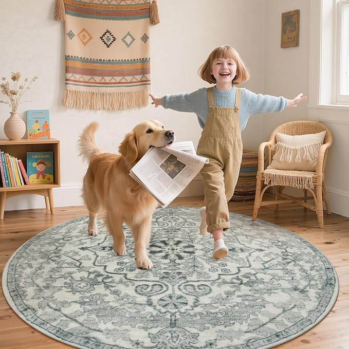 Lahome Reine Round Rug 4ft, Soft Rug for Bedroom Machine Washable Office Circle Rug, Bohemian Medallion Non-Slip Non-Shedding Low Pile Printed Indoor Carpet for Kitchen Laundry Bathroom, Beige
