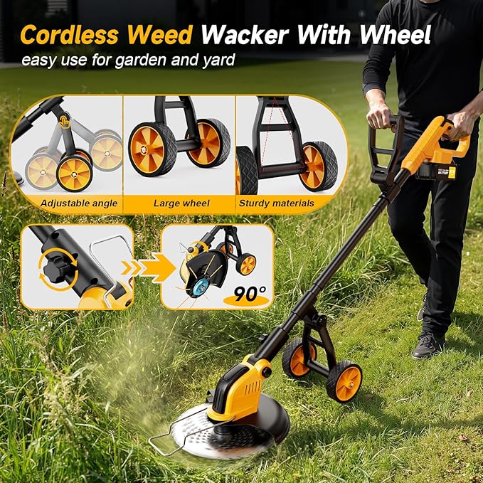20000 RPM Heavy Duty Stringless Weed Wacker Edger, Cordless Electric Weed Eater Battery Powered 6000mAh, Brush Cutter Lawn Tool/Weed Trimmer/Grass Trimmer W/Wheel Metal Blade, 2 Battery