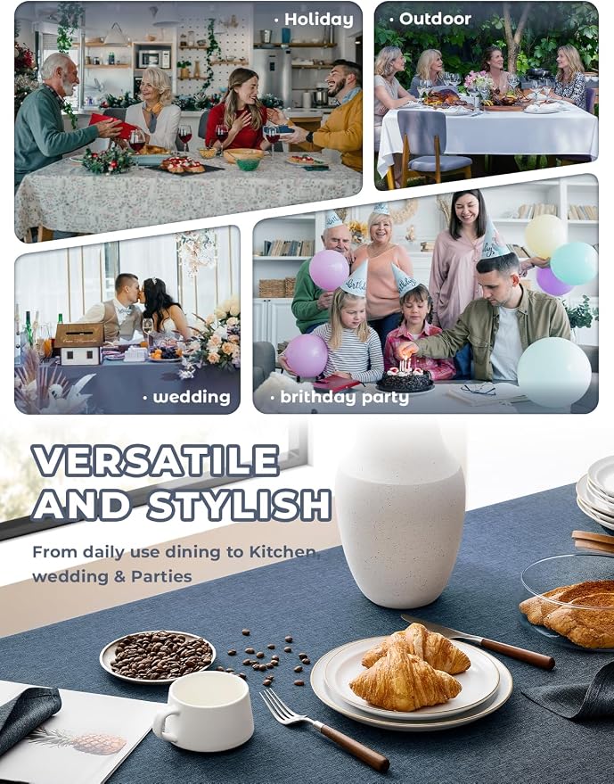 Decorelia Faux Linen Farmhouse Table Cloth 60"x104" for 6 ft Rectangle Table, Denim Blue Waterproof Outdoor Washable Cloth Tablecloth for Rectangular Dining Room Kitchen Outdoor Party Restaurant Decor
