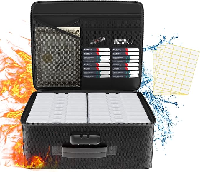 Fireproof Safe Photo Storage Box with 18 Inner 4" x 6" Clear Photo Cases, Portable Photo Organizer with Lock for Picture, Collapsible Photo Container with Handle and 18 Boxes 4 Sheet Label Stickers | Portable Photo Organizer with Lock for Picture, Coll...