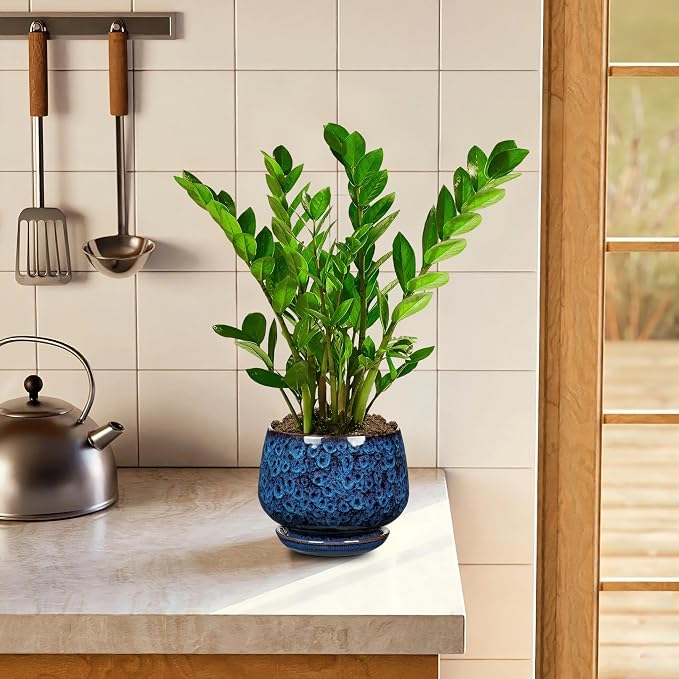 GnFlus Blue Ceramic Planter Pots with Drainage Holes, Set of 2 7''+5'' Saucers Large Round Plant Pot for Indoor-Outdoor Plants, Succulent Orchid Flower