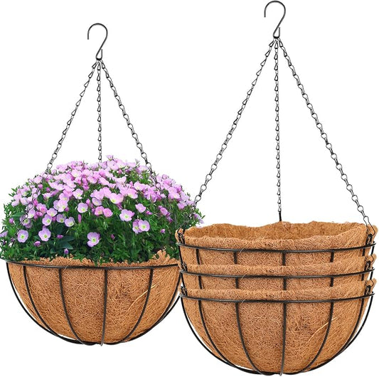 HKZ Hanging Basket Planter Plants Outdoor - 4 Pack 14 Inch Metal Hanging Planter with Coco Liners, Chain Hook Hanging Flower Pots for Indoor Outdoor Garden Porch Decoration