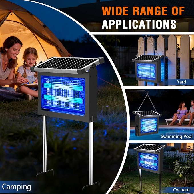 Solar Bug Zapper Outdoor Waterproof, 4500V Rechargeable Mosquito Zapper with Solar Panel Sensor, Auto ON/Off, 10ft Extension Cord & Solar Powered Bug Zapper, Cordless Insect Zap for Patio Yard Garden