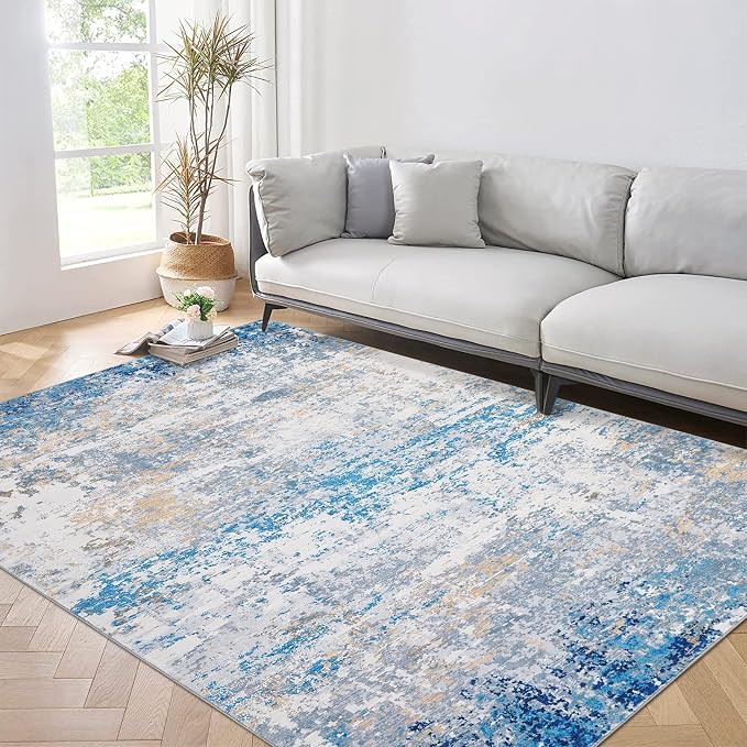 ROYHOME 8x10 Modern Abstract Faux Wool Rug, Blue/Grey | Ultra Soft Rug Non Slip Non Shedding Accent Large Rug for Living Room Bedroom Dining Room Office Home