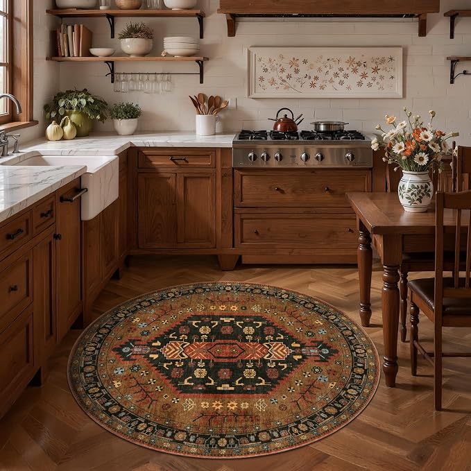 Ciicool 4ft Round Area Rug for Entryway,Washable Soft Circle for Kitchen | Vintage Non-Slip Low-Pile Oriental Indoor Mat Soft Boho Entry Carpet for Bedside Living Room Laundry Bathroom Dining Room