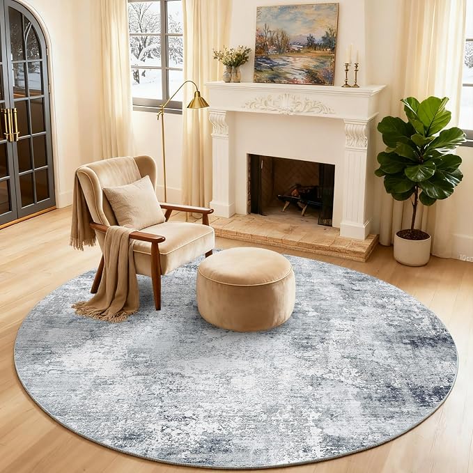 4ft Round Bedroom Rug Washable: Circle Rugs for Living Room Boho Vintage Non Slip Low Pile Soft Faux Wool Non Shedding Small Carpet for Kitchen Entryway Bathroom Bedside Office Dorm Kids Room Entrance