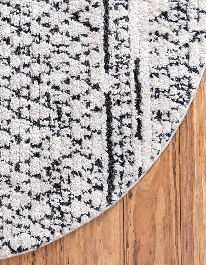 Unique Loom Morocco Collection Abstract Border, Diamond, Bohemian Area Rug (7' 0 x 7' 0 Round, Ivory/Black)