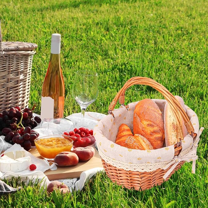 Wicker Picnic Basket with Double Folding Handles, 13.9 x 11.4 x 6.7 Inch | Hand Woven Easter Basket, Natural Willow Picnic Basket with Handle, Woven Picnic Hamper for Outdoor Camping