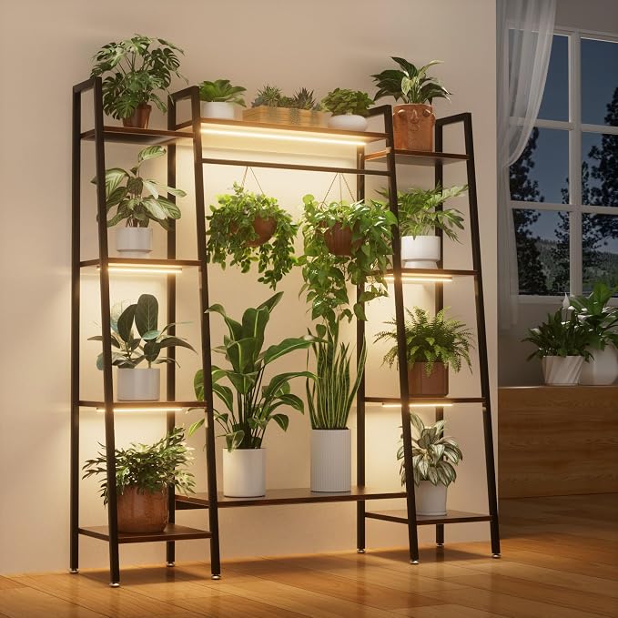 BACEKOLL Plant Stand Indoor with Grow Lights, 6 Tiered Metal Plant Shelf, 55" Large Plant Stand for Indoor Plants Multiple, Corner Plant Holder Display Shelf, Tall Plant Rack for Living Room, Patio