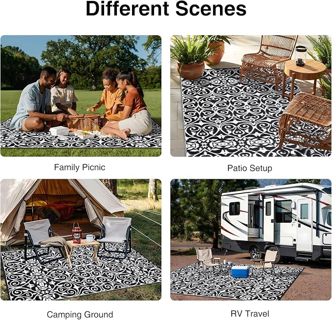 OLANLY Outdoor Rug Waterproof 8x10 ft Clearance, Reversible Outdoor Plastic Straw Rug with Floral Pattern, RV Mat for Patio, Camping, Balcony, Deck, Backyard, Black & White