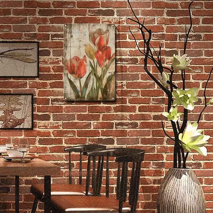 Metal Sign Tin Sign Vintage Wall Art Shabby Chic Tulips Tin Sign for Rustic Elegance Vintage Style and Distressed Wood Panels Garage Sign for Restaurant 6×8 Inches