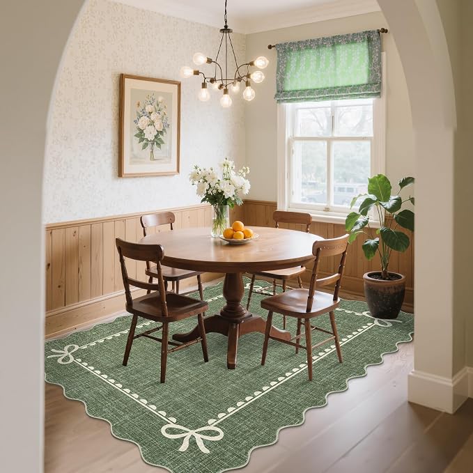 GarveeHome Scalloped Bow Rug 8x10 Washable Green Rug for Living Room | Non Slip Soft Low Pile Indoor Large Carpet for Nursery Girls Bedroom Decor Hallway Kids Room College Dorm Playroom