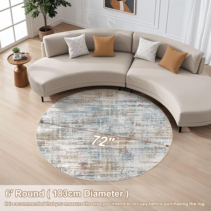 UERMEI 6ft Round Area Rug for Living Room Washable Abstract Blue Brown | Soft Low Pile Non Slip Indoor Carpet Stain Resistant Kid Pet Friendly Circle Rug For Bedroom Dining Room Office Nursery