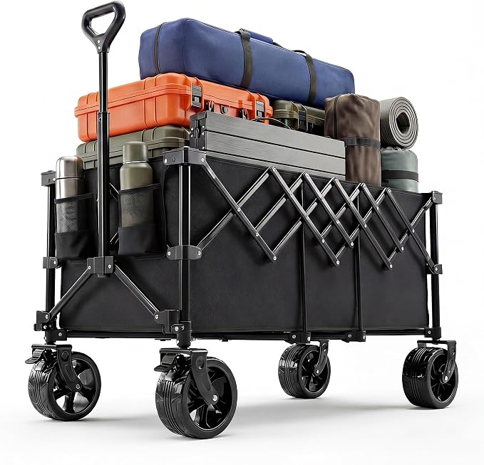 NEWBULIG Foldable Wagon Cart, 440LB Heavy Duty Collapsible Wagon with Extra-Long Storage, All-Terrain Wheels, Portable Utility Cart Wagons for Groceries, Camping, Sports, Beach, Garden, Black
