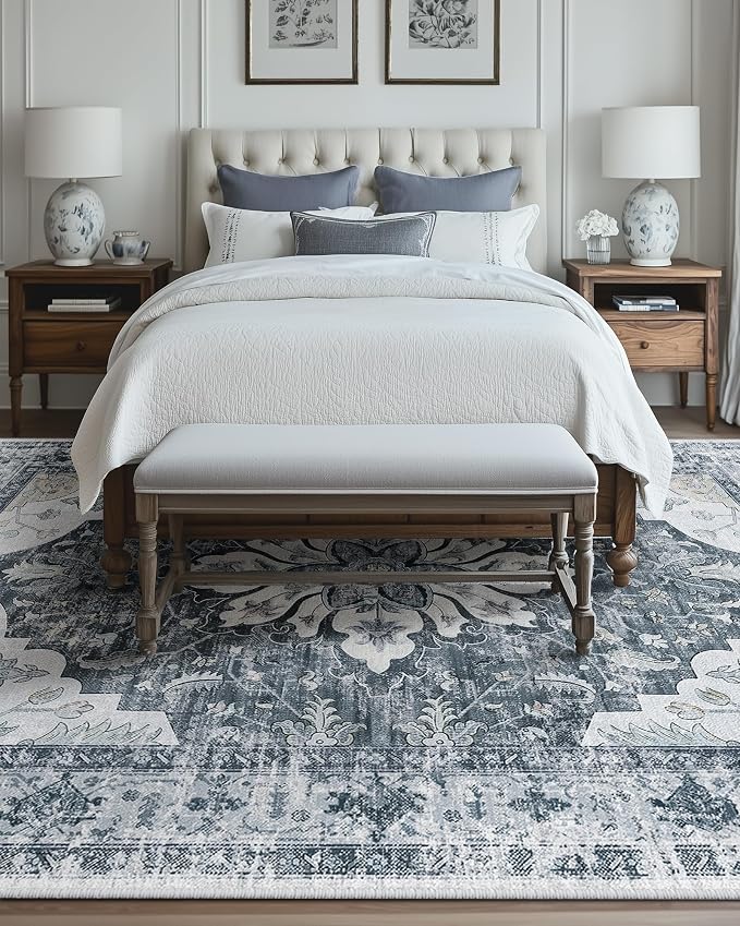 RELEANY Washable Area Rug, 8'x10', Grey/White/Beige | Non-Slip, Water Repellent, Pet Friendly, Easy to Clean, Vintage Floral Boho Decor for Living Room Bedroom Dining Room