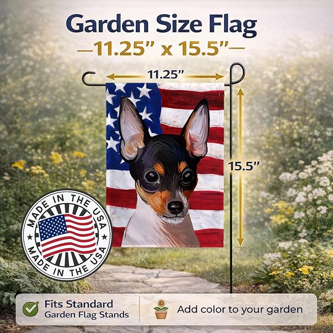 Caroline's Treasures CK6742GF Toy Fox Terrier American Flag Garden Flag Mailbox Flag Decorative Yard Flag Banner Outside Patio Artwork Yard Flower Beds, Garden Size, Multicolor