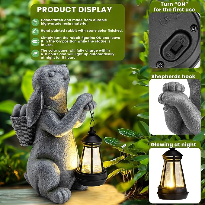 YDKOJGW Solar Garden Outdoor Statues Rabbit with Solar Lantern,Outdoor Bunny Figurines Decorations,Lawn Decor Bunny Statue for Patio, Balcony, Yard Ornament,Unique Housewarming and Easter Gifts
