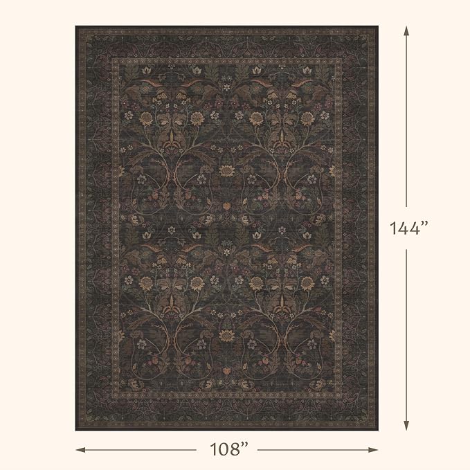 9x12 Botanical Big Rugs for Living Room, Machine Washable Soft Flower Area Rugs for Bedroom, 9 by 12 Dining Room Rugs for Under Table Non Slip (Dark Brown & Olive)