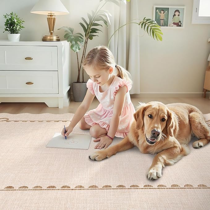 COZYLOOM Washable Kids Room Rug 9x12 Scalloped Rugs for Living Room, Beige | Rubber Backing Modern Bow Print Stain Resistant Non Shedding Low Pile Soft Bordered Area Rug for Dining Room Bedroom Nursery