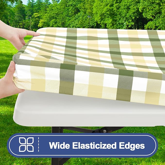 Smiry Picnic Table Cover with Bench Covers, Waterproof Elastic Fitted Tablecloths for 5 Foot Rectangle Tables, Washable Buffalo Plaid Tablecloth for Easter, Outdoor (Sage Green & Beige, 30"x60")