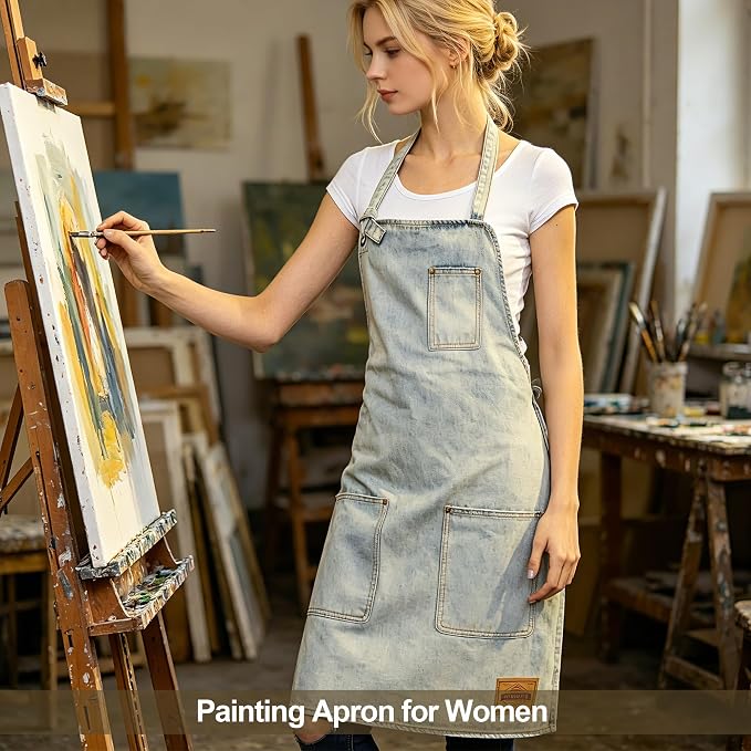 Denim Chef Apron for Women with Pockets, Jean Waitress Server Kitchen Apron for Men Cooking Gardening Painting
