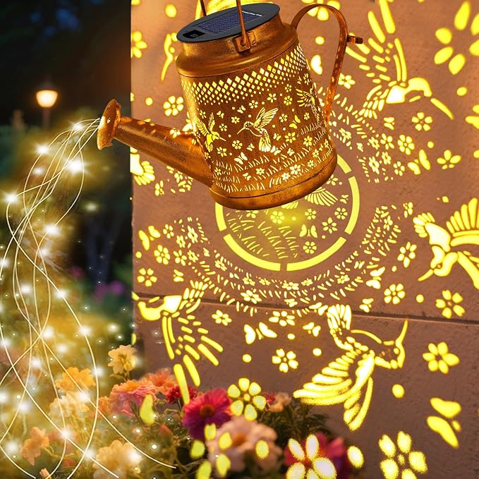 VOOKRY Solar Lights Outdoor Waterproof, Hummingbird Retro Metal Solar Watering Can Lights, Gifts for Women Mom Grandma Birthday, Hanging Lantern Decorative Garden Decor for Outside Yard Lawn Patio