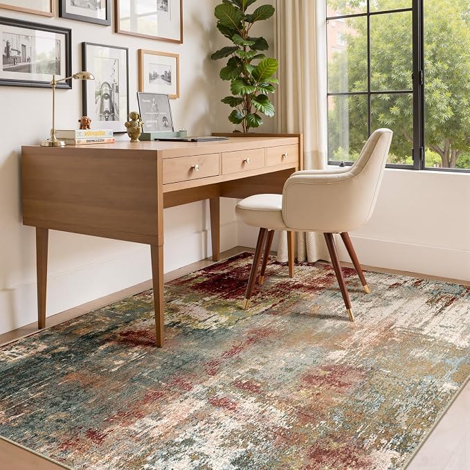 RELEANY Washable 4'x6' Abstract Area Rug for Living Room Rustic Brown | Carpet for Bedroom, Kitchen, Office, Hallway and Entryway, Printed Pattern, Non‑Slip, Soft, Stain‑Resistant, Easy to Clean