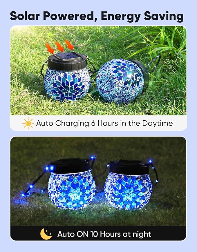 Mosaic Solar Lights Outdoor 4 Pack, Solar Hanging Lanterns Christmas Halloween Gifts for Women Mom Grandma, Waterproof Glass Globe Lights, Garden Patio Decor for Yard, Tree, Balcony, Cold