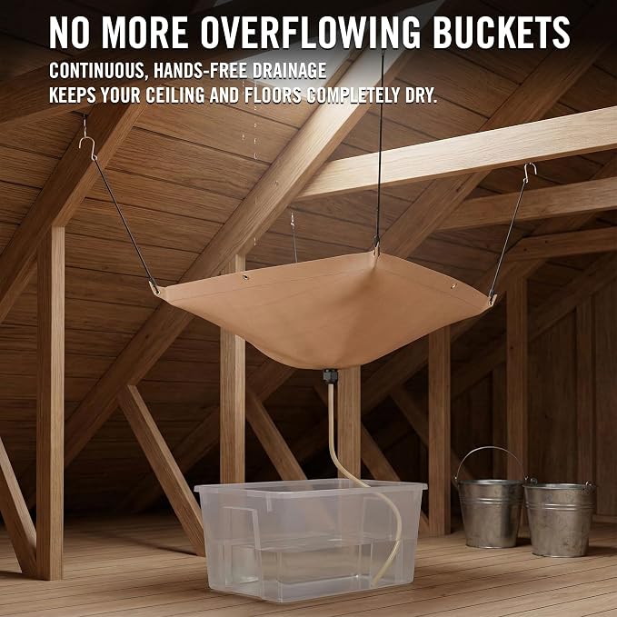 Heavy Duty Roof Leak Diverter Tarp Kit - 5x5 Ft Waterproof Ceiling Rain Catcher with Drainage System for Emergency Repairs & Rainwater Collection (Khaki)